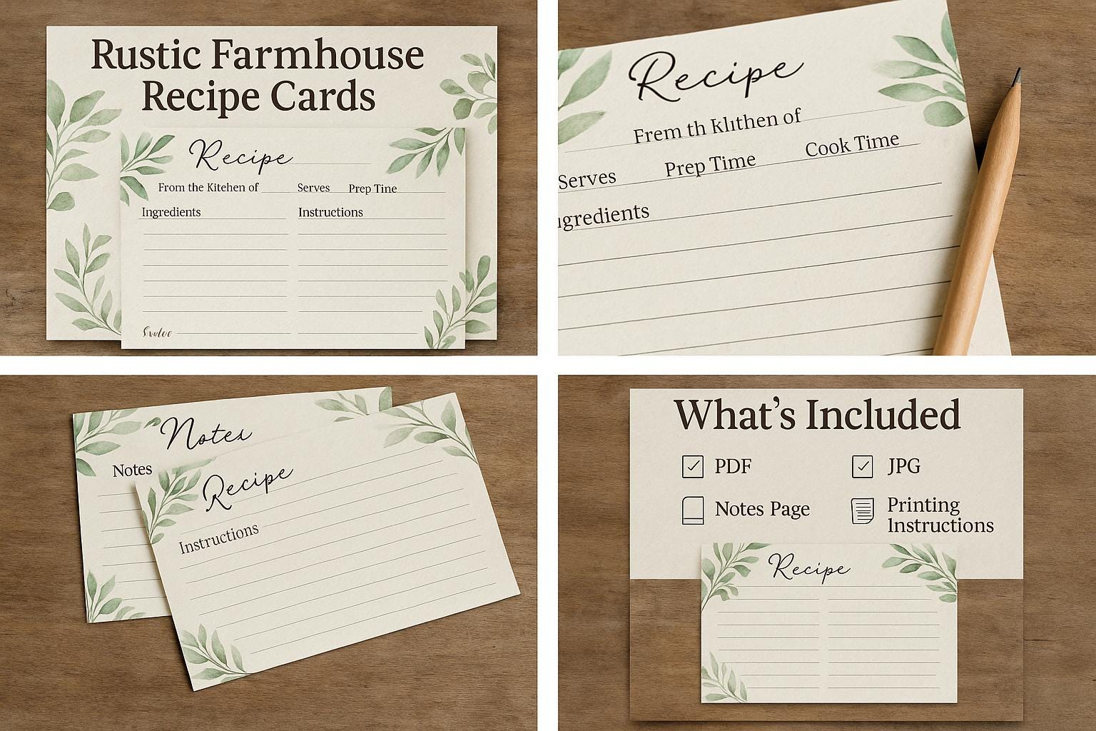 Rustic Farmhouse Recipe Cards Printable | 4x6 Editable Canva Template, Kitchen Recipe Card, Instant Download
